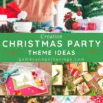 5 images of creative Christmas parties with the text "Creative Christmas Party Theme Ideas" and "gamesandgatherings.com."