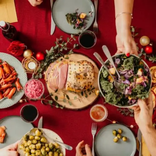 An overhead shot of a table of holiday food.