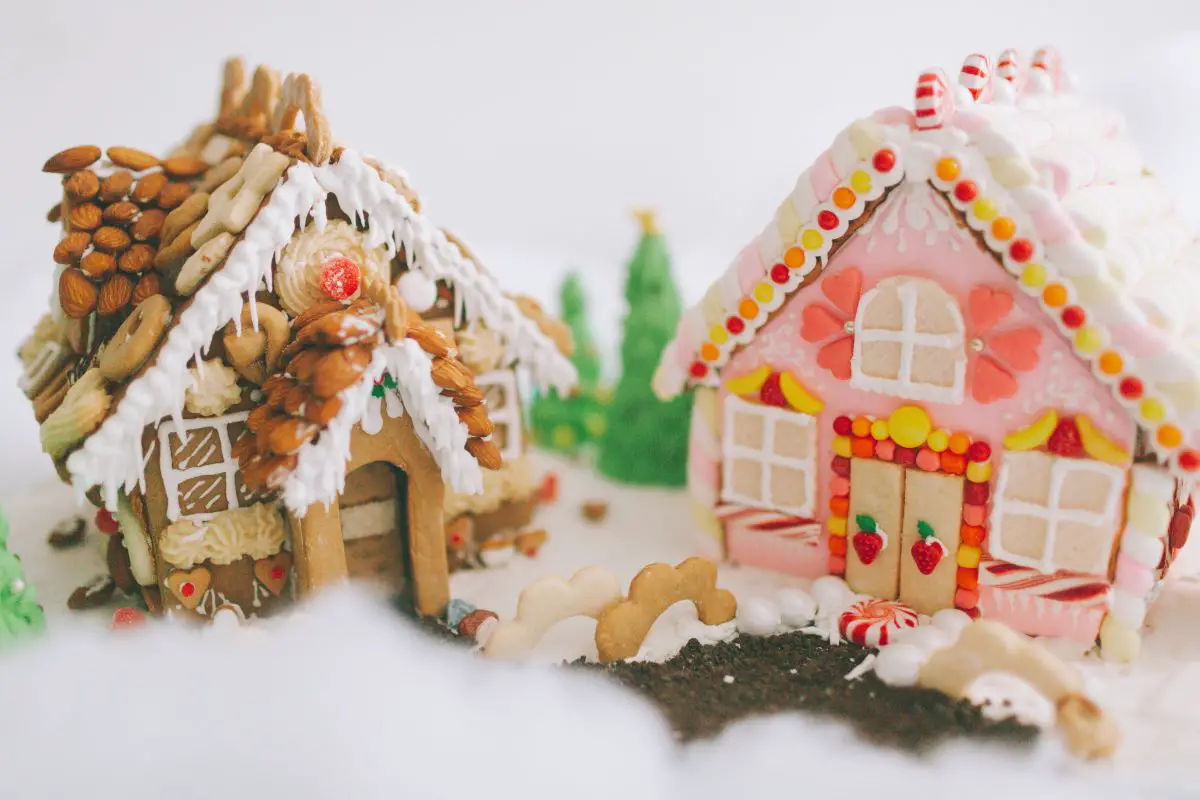 Two colorful decorated gingerbread houses.