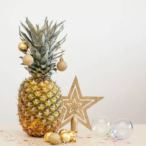 A tropical Christmas themed pineapple with ornaments and Christmas Decorations