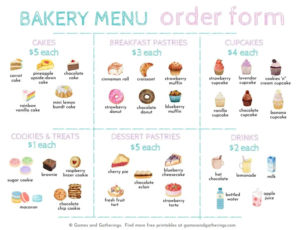 An image of a free printable bakery order form with an assortment of sweet treats with their names and prices.