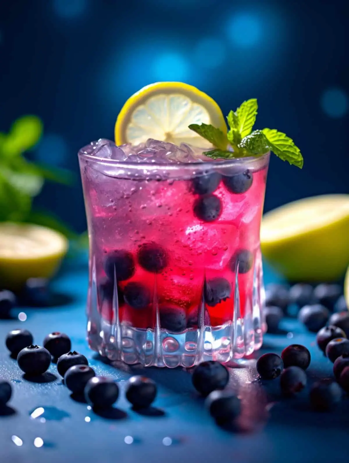 A blueberry cocktail with a lemon slice and fresh blueberries.