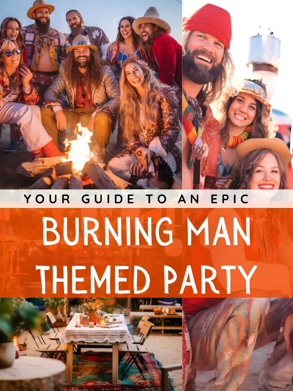 A group of party guests and an outdoor decorated space in costume with the text "your guide to an epic burning man themed party."