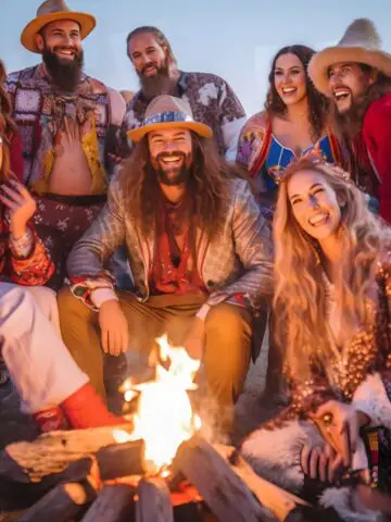 A group of party guest around a bonfire with crazy outfits and costumes.