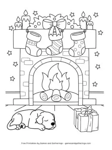 A coloring page of a sleeping puppy in front of a Christmas fireplace with stockings and a nearby present.