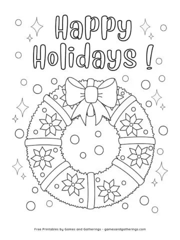 A wreath coloring page with the word "Happy Holidays."