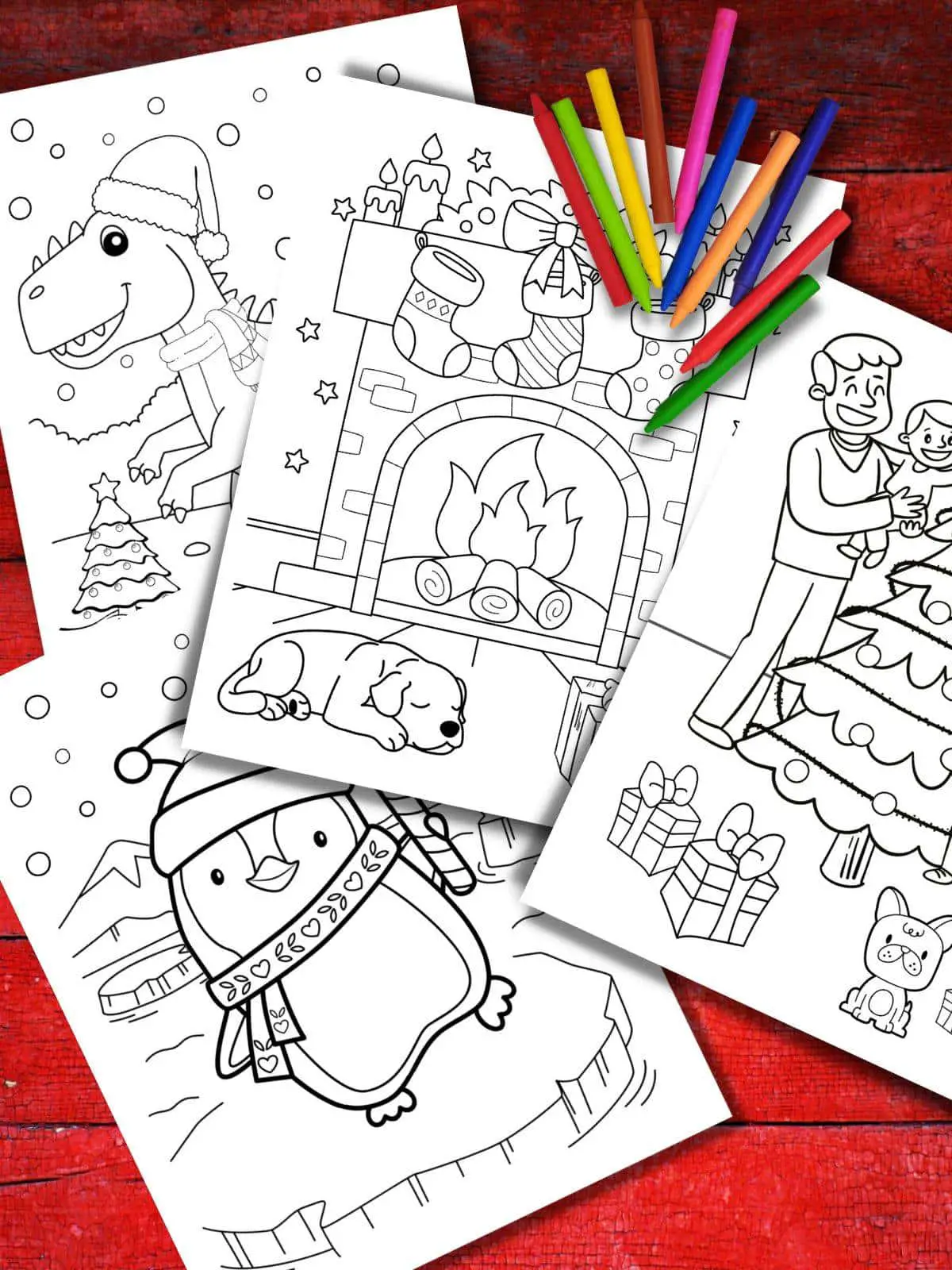 Four Printable Christmas Coloring Pages on a red background with some crayons