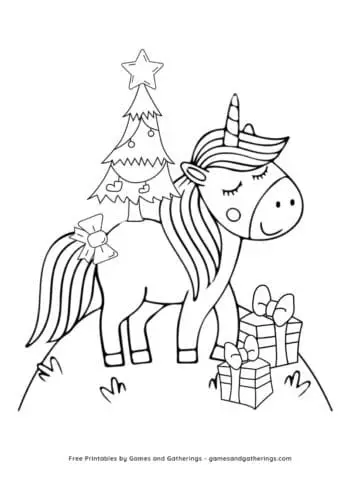A Christmas Unicorn coloring page with a cute unicorn on a hill with two presents and a small Christmas tree on its back.