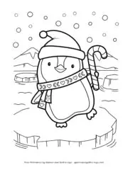 A cute Christmas coloring page with a Christmas penguin on an ice block with an ice scene in the background.