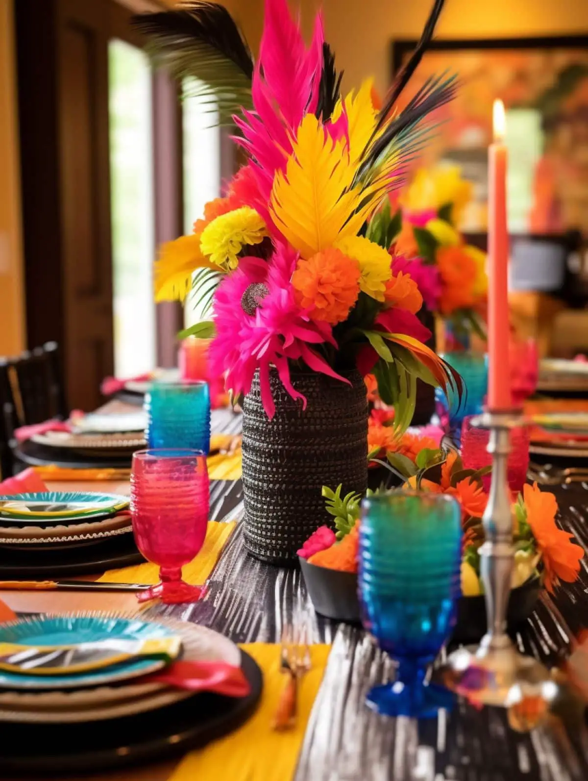 A bright tablescape in black and vibrant colors, with florals and feathers.