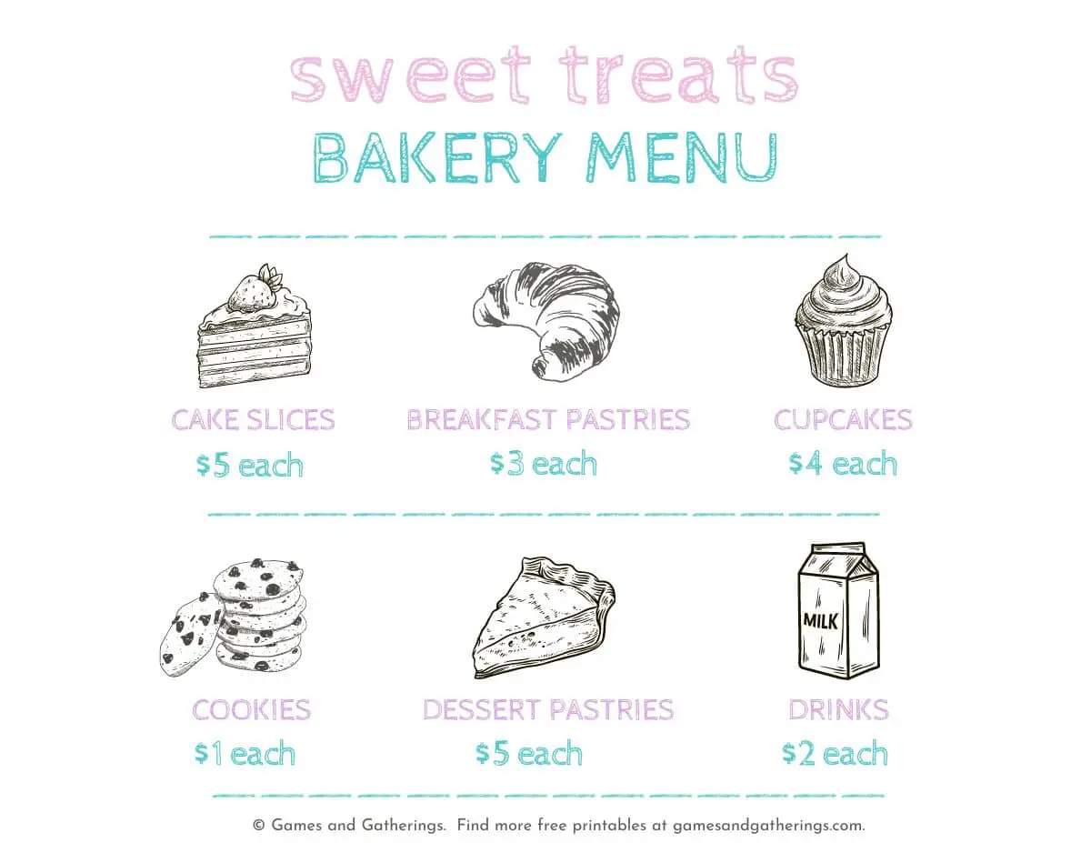 A free printable bakery menu for pretend play with the text "sweet treats bakery menu" and an assortment of dessert categories with pricing.