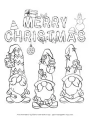 A coloring page with three Christmas Gnomes and the text "Merry Christmas" with some Chrismtas decorations on the text.