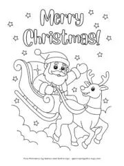 A coloing page with Santa and his sleigh in the clouds and the words "Merry Christmas."