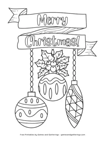 A printable coloring page with three Christmas ornatments hanging from a banner with the text "Merry Christmas."