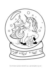 A coloring page of a snow globe with a unicorn and a Christmas tree inside.
