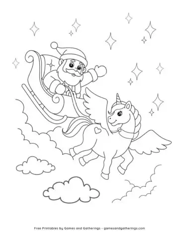 A coloring page featuring Santa and his sleigh in the clouds being pulled by a Unicorn Pegasus.