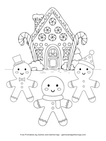 A coloring page with three gingerbread men in front of a gingerbread house.