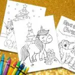 3 printable Christmas Unicorn coloring pages on a gold background with some crayons.
