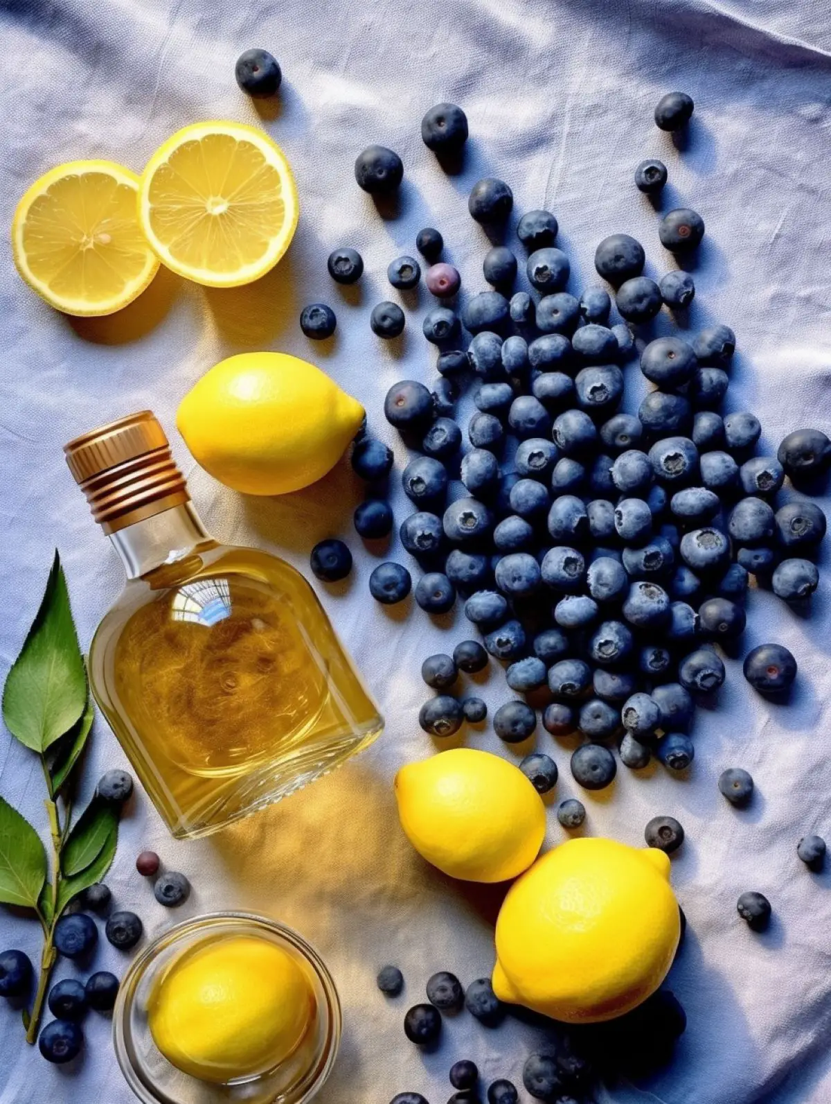 Blueberry cocktail ingredients including fresh blueberries, fresh lemons, and vodka.