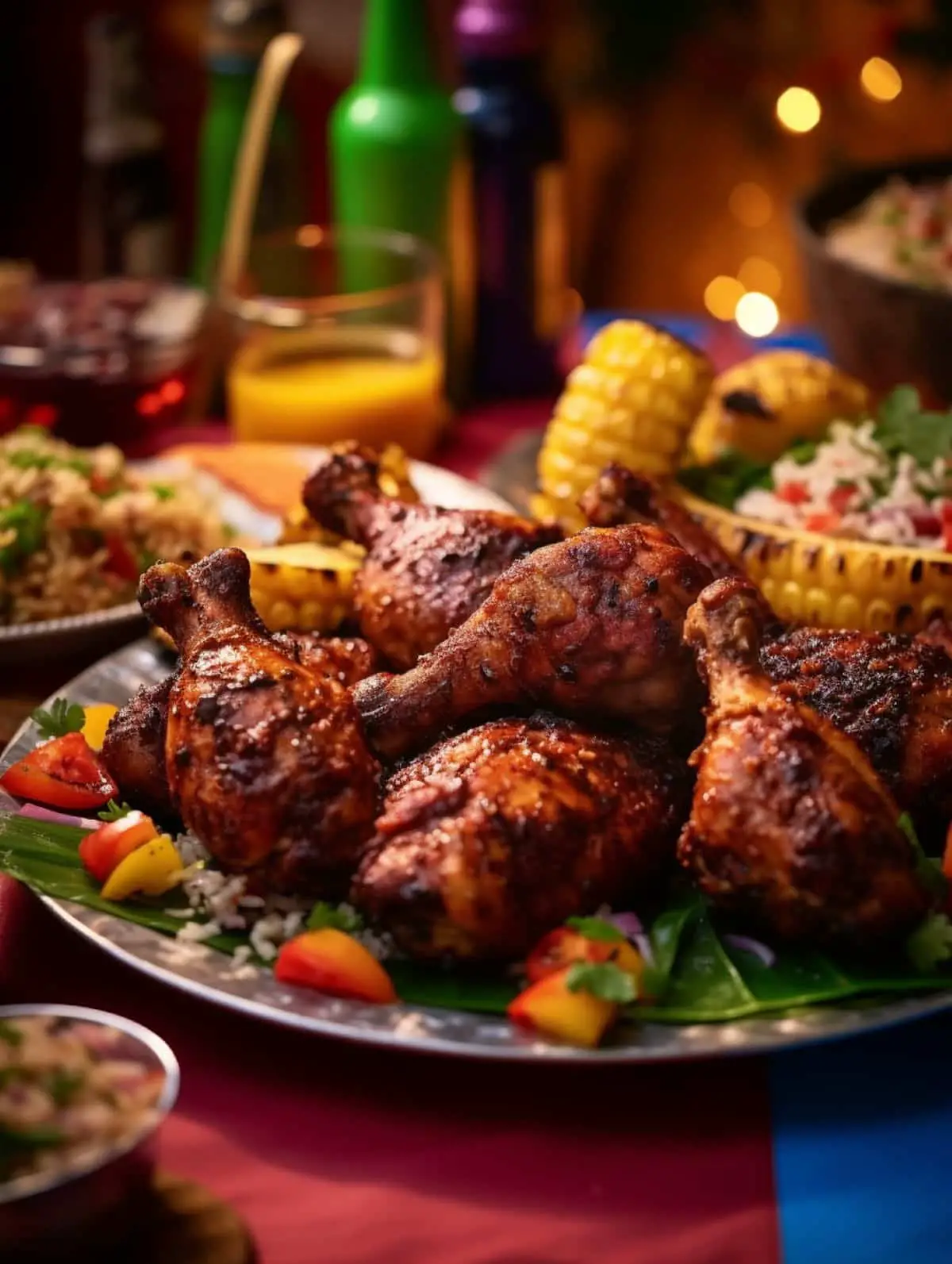 A plate of jerk chicken on a pirate-themed party table.