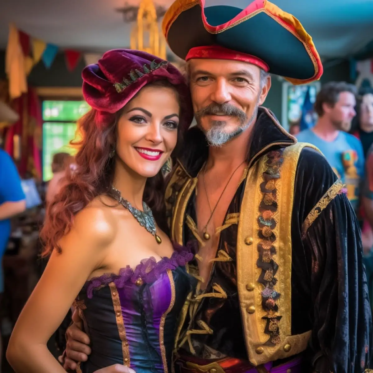 A couple at a pirate party for adults.