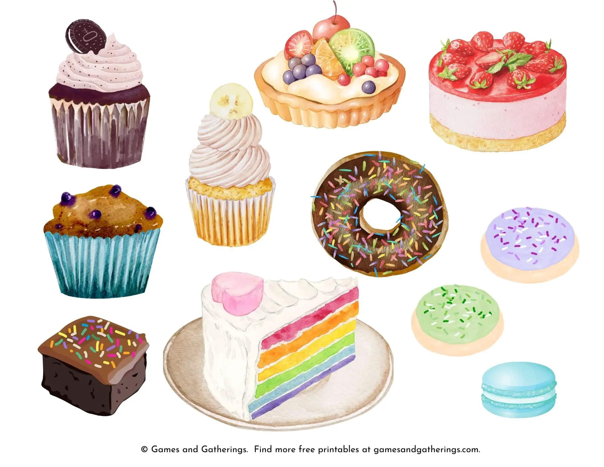 A page of printable pretend bakery desserts.