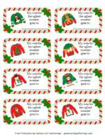 A printable page of eight ugly sweater voting cards for an Ugly Christmas Sweater Party. Each card has a picture of a christmas sweater and the text "my vote for the ugliest sweater goes to:"