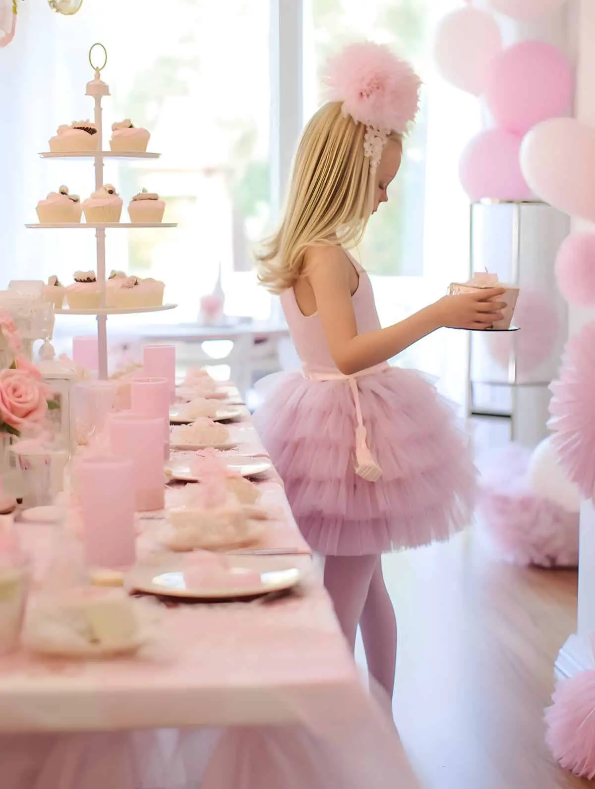 A little girl ballerina in a tutu at a ballet party a beautiful pink tablescape with cupcakes and decorations.