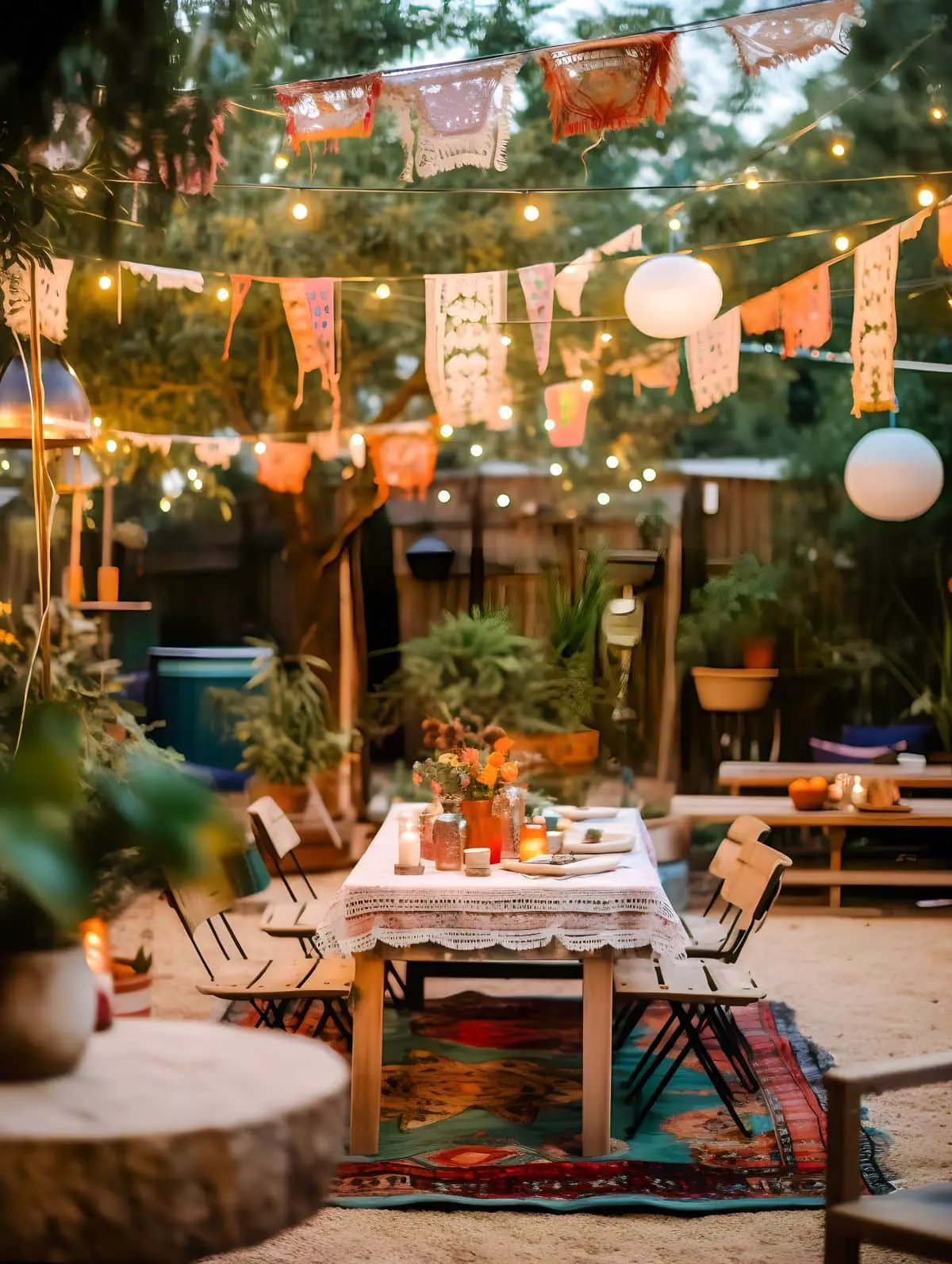 An outdoor space decorated with boho elements, party decorations and hanging lanterns and banners.