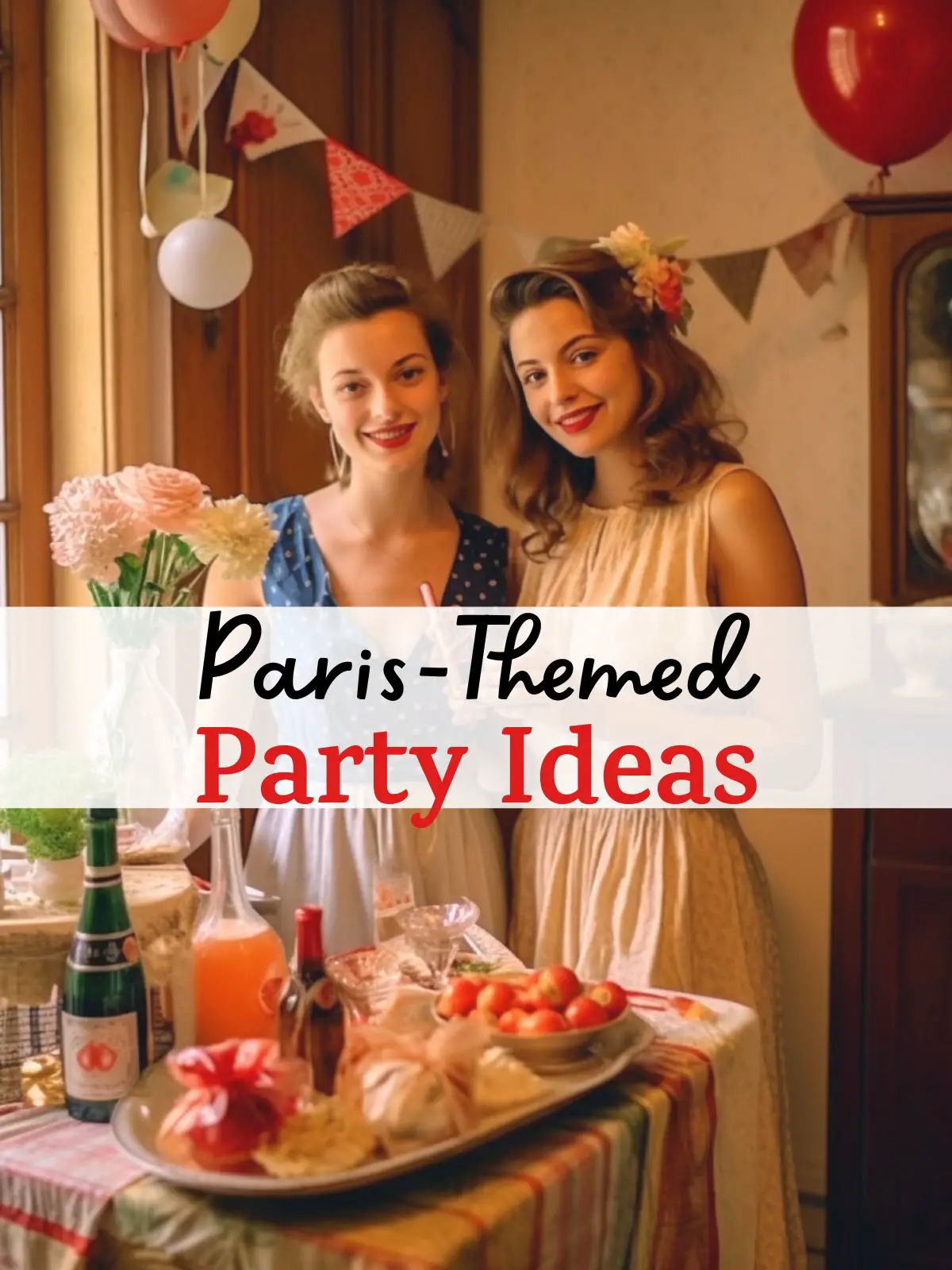 Two women at a French themed party with the text "paris-themed party ideas."