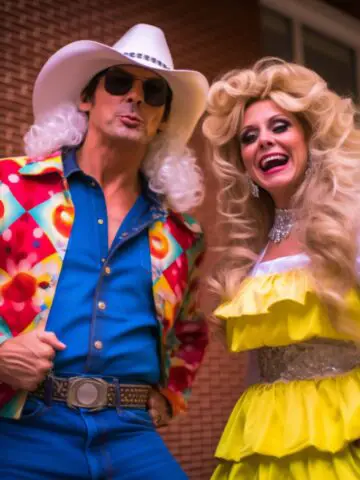 A couple in Dolly Parton costumes.