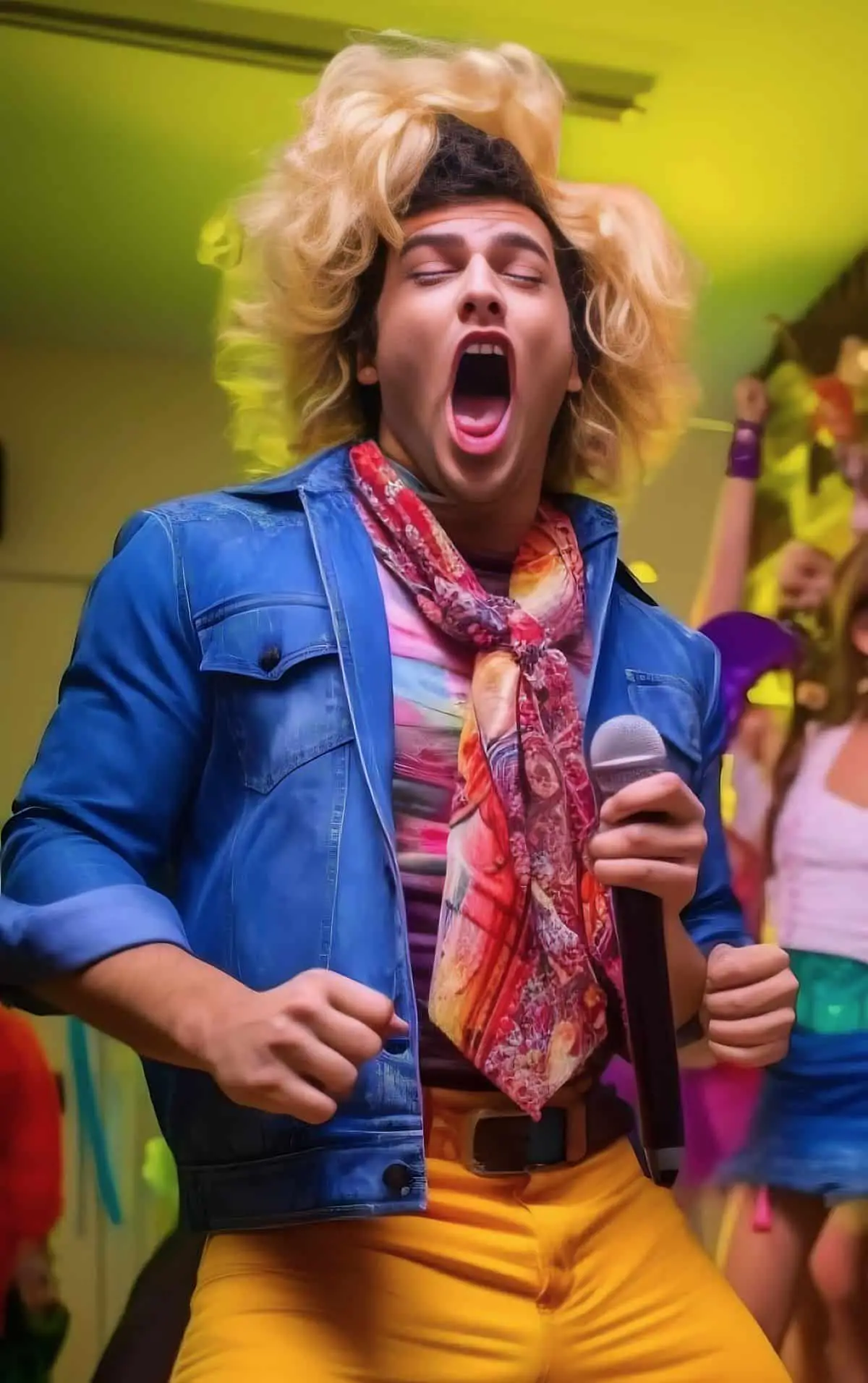 A man in a Blonde Wig singing karaoke.