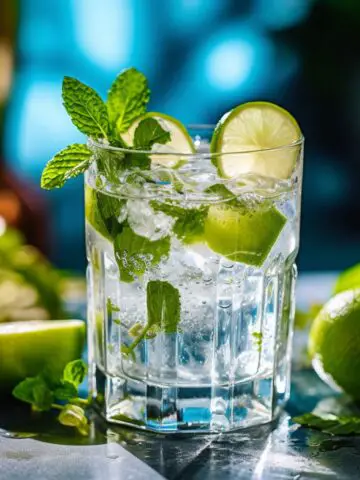 A refreshing cocktail with lime, mint, and gin and elderflower tonic.