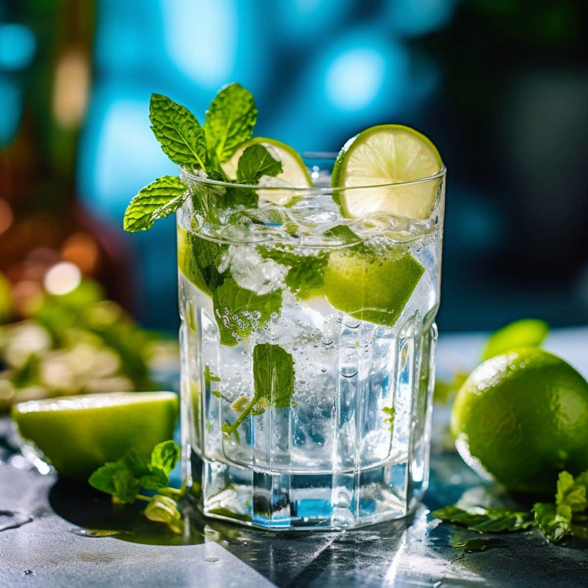 A refreshing cocktail with lime, mint, and gin and elderflower tonic.