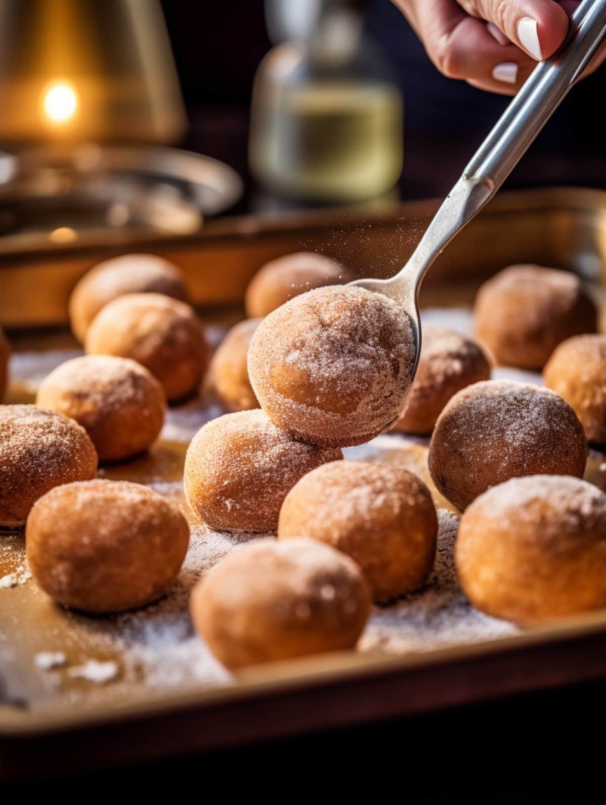 A tray of mini donut holes being rolled and sprinkled in cinnamon sugar.